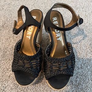 Report Black Woven Wedge Sandals